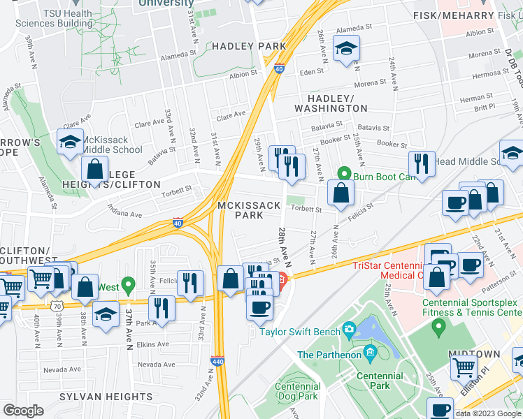 map of restaurants, bars, coffee shops, grocery stores, and more near 2814 Georgia Avenue in Nashville