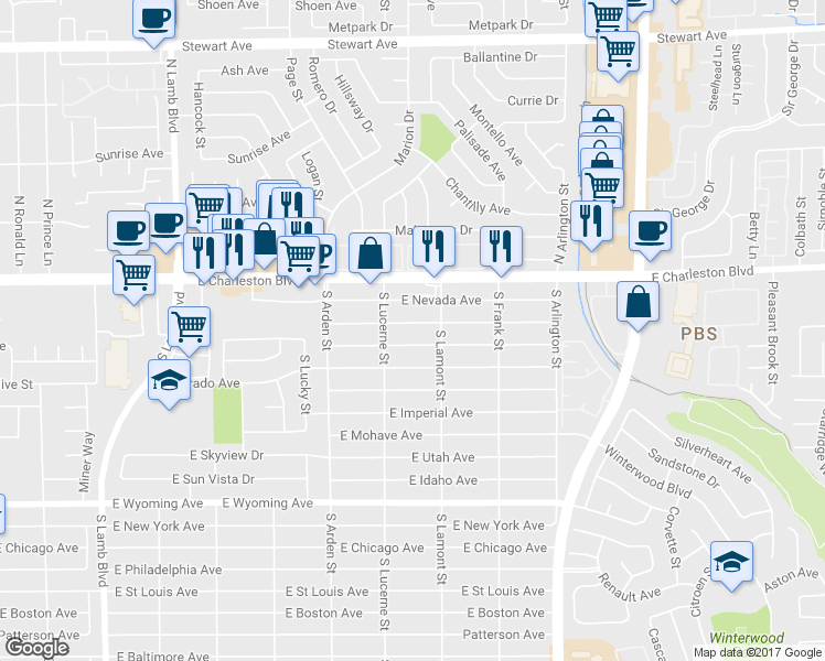 map of restaurants, bars, coffee shops, grocery stores, and more near 4751 East California Avenue in Las Vegas