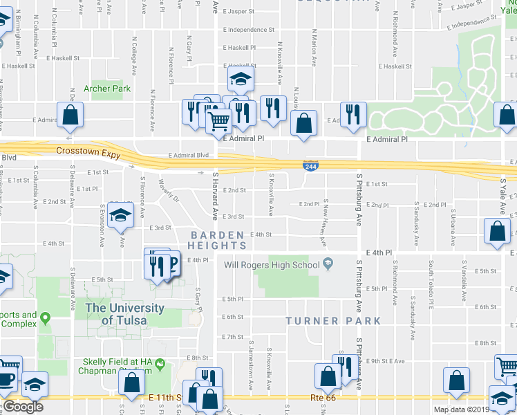 map of restaurants, bars, coffee shops, grocery stores, and more near 223 South Jamestown Avenue in Tulsa