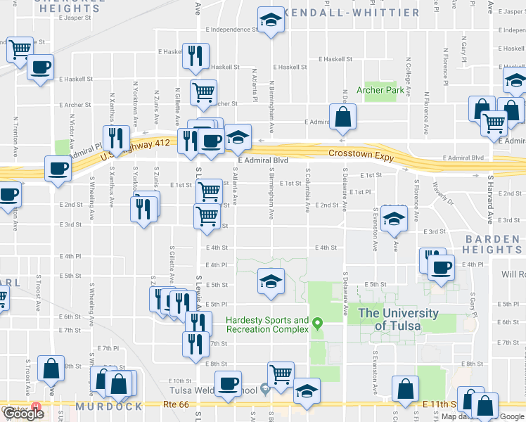 map of restaurants, bars, coffee shops, grocery stores, and more near 2540 East 2nd Street in Tulsa
