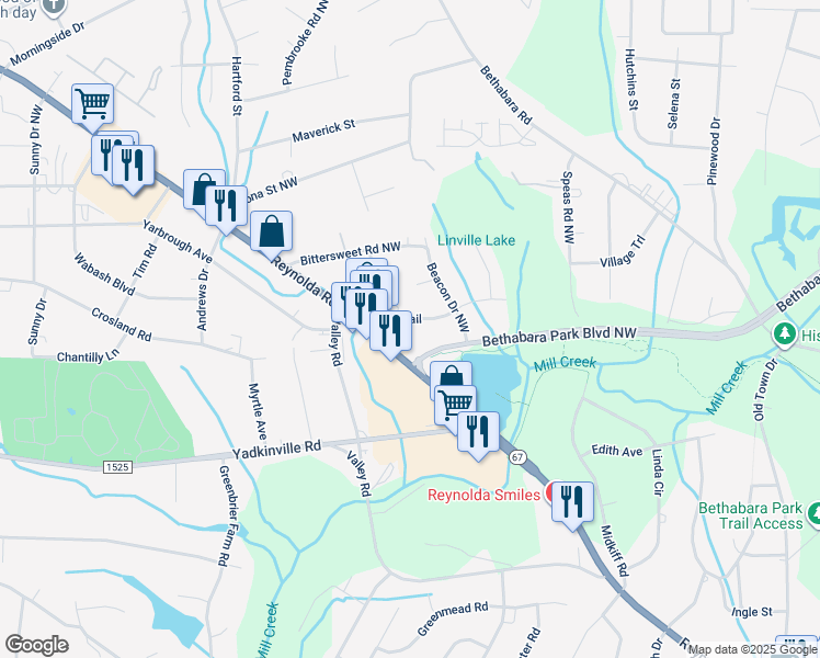 map of restaurants, bars, coffee shops, grocery stores, and more near 2914 Pioneer Trail in Winston-Salem