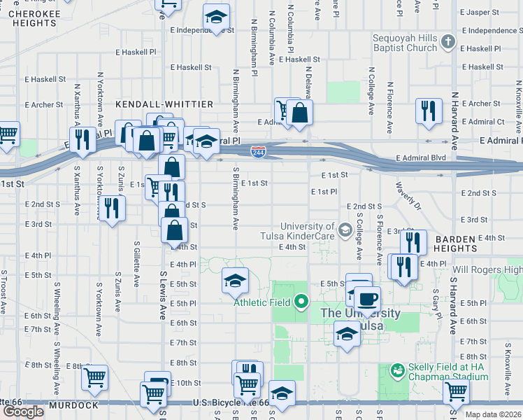 map of restaurants, bars, coffee shops, grocery stores, and more near 2638 East 2nd Street in Tulsa