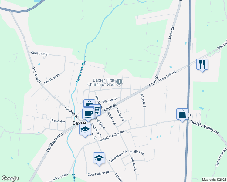 map of restaurants, bars, coffee shops, grocery stores, and more near 431 Elm Street in Baxter