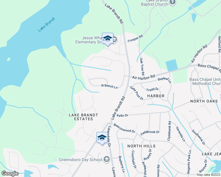 map of restaurants, bars, coffee shops, grocery stores, and more near 2425 North Beech Lane in Greensboro