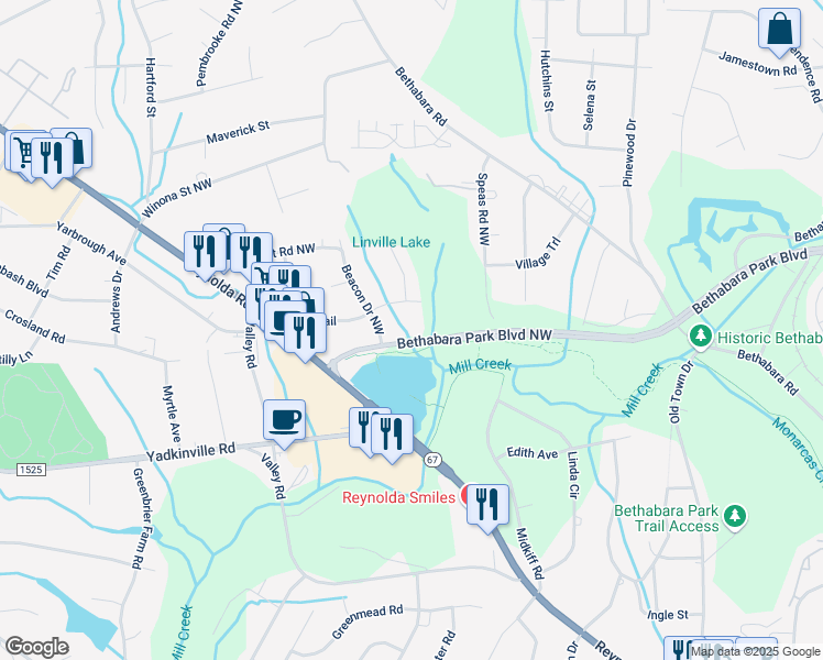 map of restaurants, bars, coffee shops, grocery stores, and more near 3905 Beacon Drive Northwest in Winston-Salem
