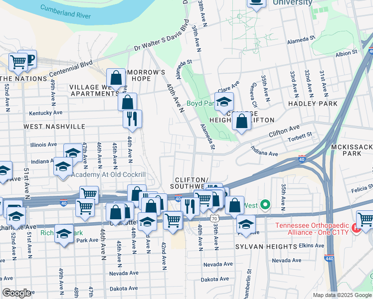 map of restaurants, bars, coffee shops, grocery stores, and more near 4010 Indiana Avenue in Nashville