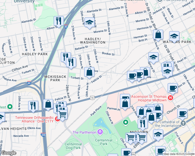 map of restaurants, bars, coffee shops, grocery stores, and more near 310 25th Avenue in Nashville