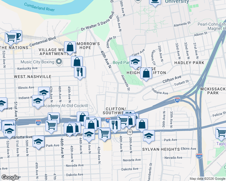 map of restaurants, bars, coffee shops, grocery stores, and more near 4010 Indiana Avenue in Nashville