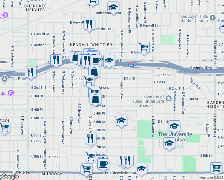 map of restaurants, bars, coffee shops, grocery stores, and more near 2520 East 2nd Street in Tulsa
