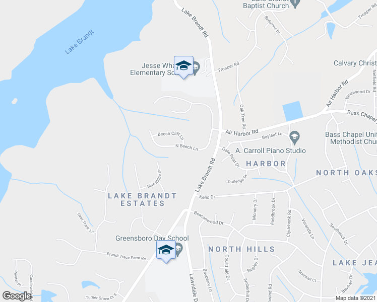 map of restaurants, bars, coffee shops, grocery stores, and more near 2425 North Beech Lane in Greensboro