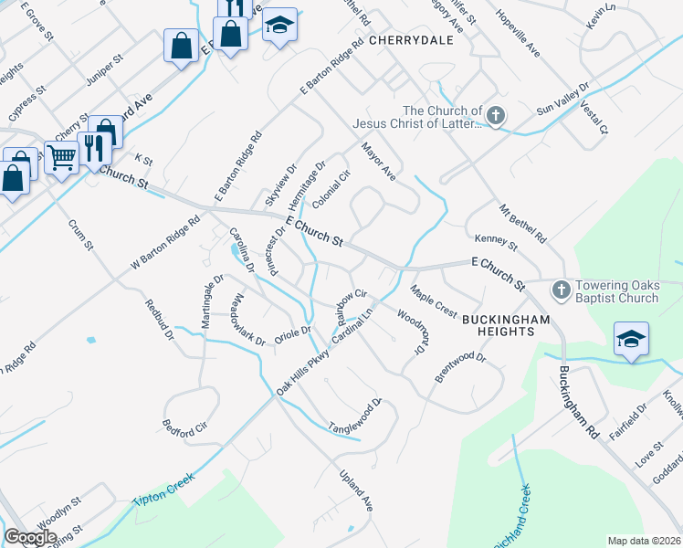 map of restaurants, bars, coffee shops, grocery stores, and more near 106 Wayfair Drive in Greeneville