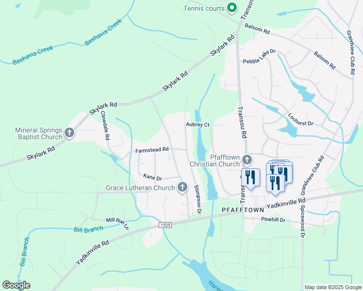 map of restaurants, bars, coffee shops, grocery stores, and more near 3504 Stimpson Drive in Pfafftown