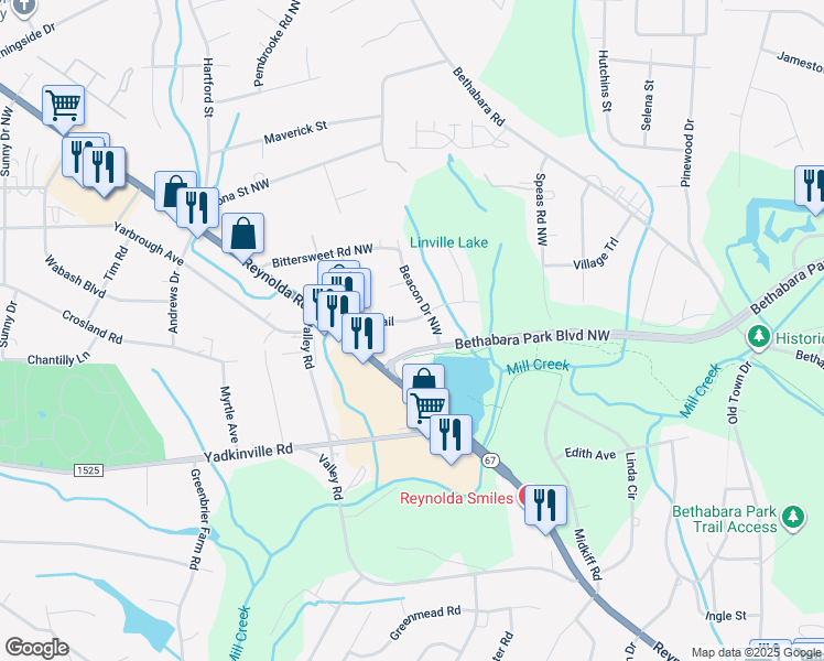 map of restaurants, bars, coffee shops, grocery stores, and more near 2904 Pioneer Trail in Winston-Salem
