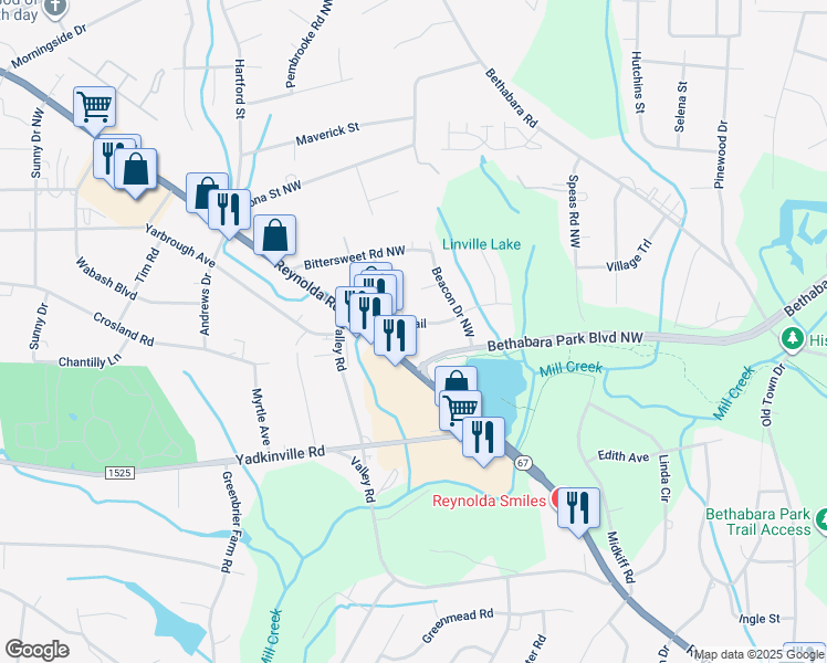 map of restaurants, bars, coffee shops, grocery stores, and more near 2914 Pioneer Trail in Winston-Salem