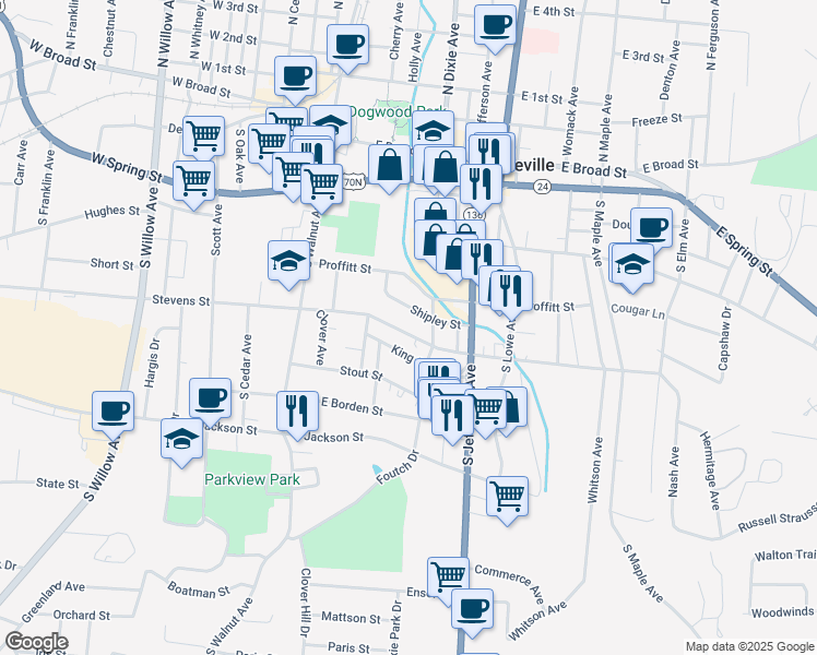map of restaurants, bars, coffee shops, grocery stores, and more near 144 E Stevens St in Cookeville
