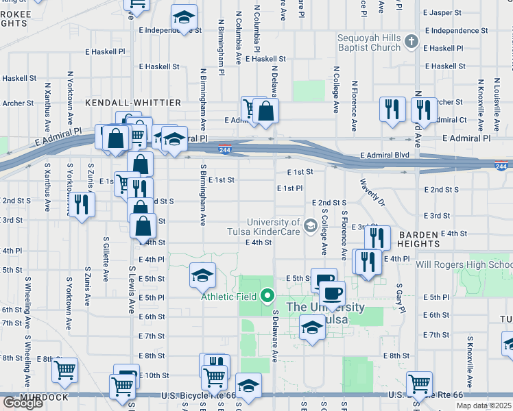 map of restaurants, bars, coffee shops, grocery stores, and more near 2726 East 2nd Street in Tulsa