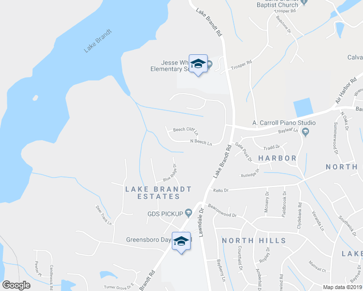 map of restaurants, bars, coffee shops, grocery stores, and more near 2437 North Beech Lane in Greensboro