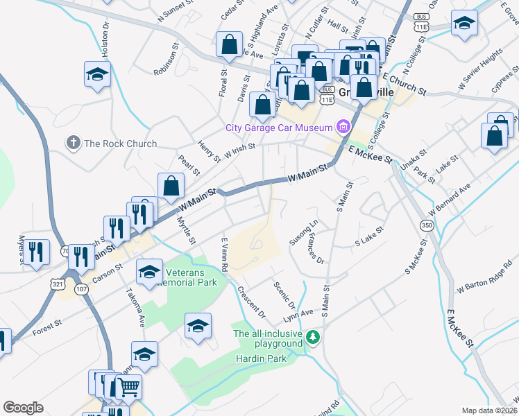 map of restaurants, bars, coffee shops, grocery stores, and more near 204 Aspen Street in Greeneville