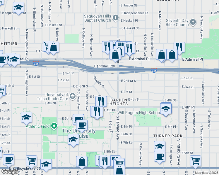 map of restaurants, bars, coffee shops, grocery stores, and more near 224 Montclair Avenue in Tulsa