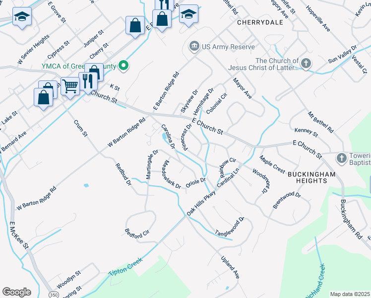 map of restaurants, bars, coffee shops, grocery stores, and more near 209 Pinecrest Drive in Greeneville