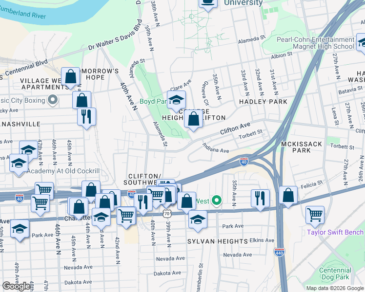 map of restaurants, bars, coffee shops, grocery stores, and more near 3900 Clifton Avenue in Nashville