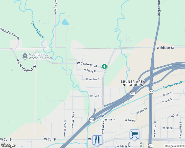 map of restaurants, bars, coffee shops, grocery stores, and more near 6548 West Brady Place in Tulsa