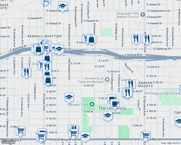 map of restaurants, bars, coffee shops, grocery stores, and more near 2736 East 2nd Street in Tulsa