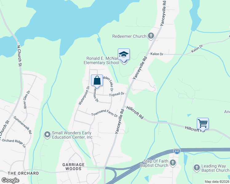 map of restaurants, bars, coffee shops, grocery stores, and more near 903 Topsail Drive in Browns Summit