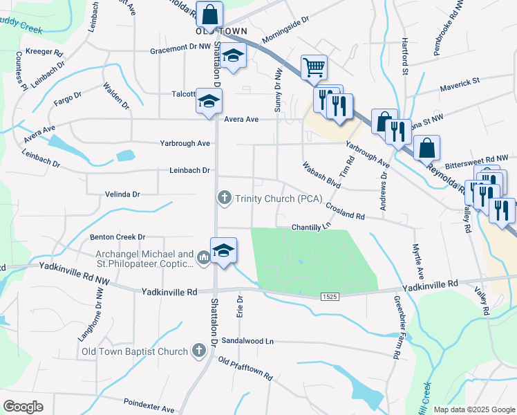 map of restaurants, bars, coffee shops, grocery stores, and more near 4541 Oakwood Circle in Winston-Salem