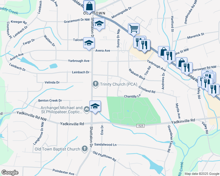 map of restaurants, bars, coffee shops, grocery stores, and more near 4541 Oakwood Circle in Winston-Salem