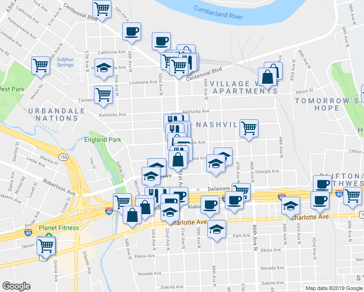 map of restaurants, bars, coffee shops, grocery stores, and more near 816 51st Avenue North in Nashville