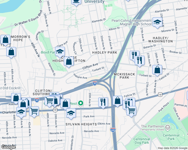 map of restaurants, bars, coffee shops, grocery stores, and more near 3036 Indiana Avenue in Nashville