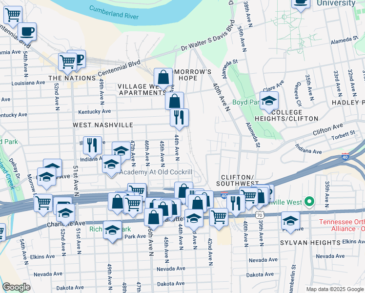 map of restaurants, bars, coffee shops, grocery stores, and more near 810 44th Avenue North in Nashville