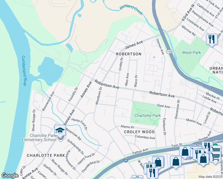 map of restaurants, bars, coffee shops, grocery stores, and more near 6305 Robertson Avenue in Nashville