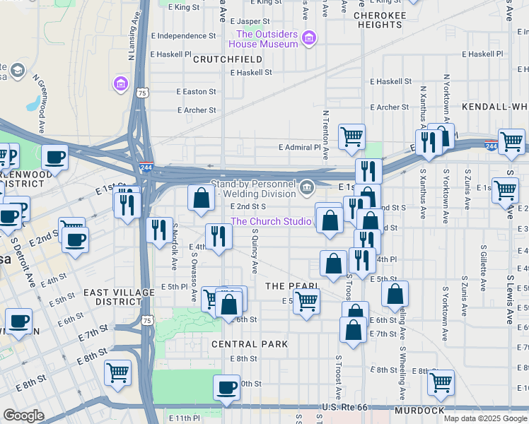 map of restaurants, bars, coffee shops, grocery stores, and more near 1416 East 2nd Street South in Tulsa