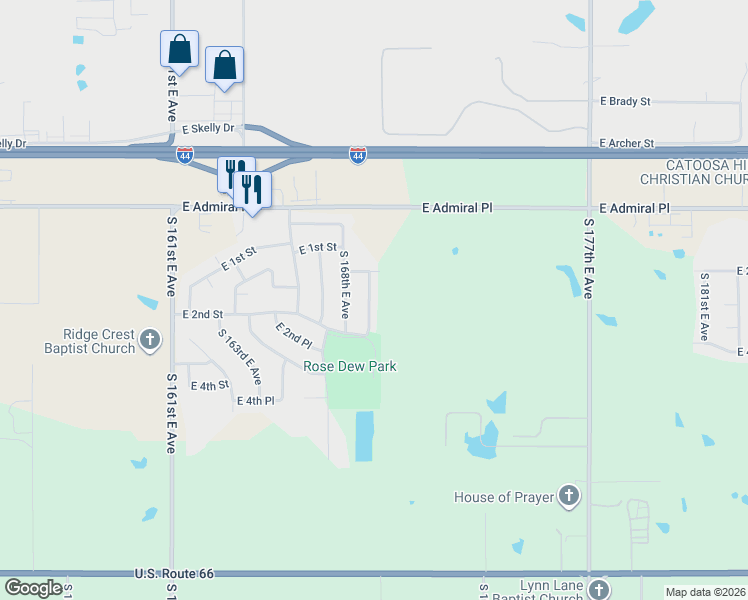 map of restaurants, bars, coffee shops, grocery stores, and more near 129 South 169th East Avenue in Tulsa