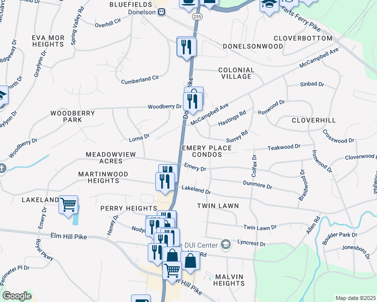 map of restaurants, bars, coffee shops, grocery stores, and more near 323 Donelson Pike in Nashville