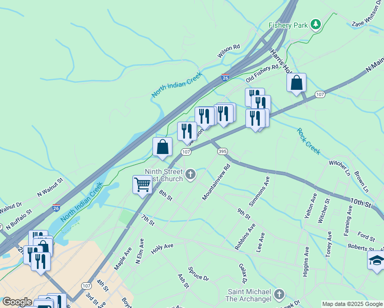 map of restaurants, bars, coffee shops, grocery stores, and more near 1112 N Main Ave in Erwin