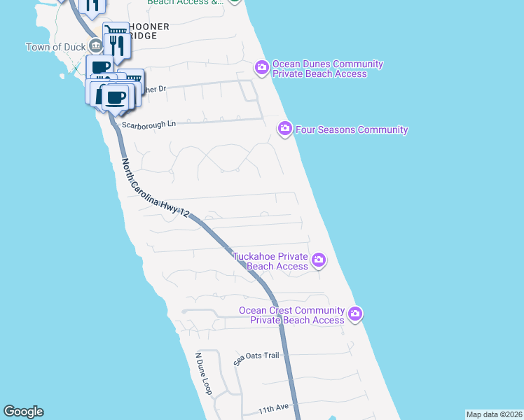 map of restaurants, bars, coffee shops, grocery stores, and more near 137 Plover Drive in Kitty Hawk