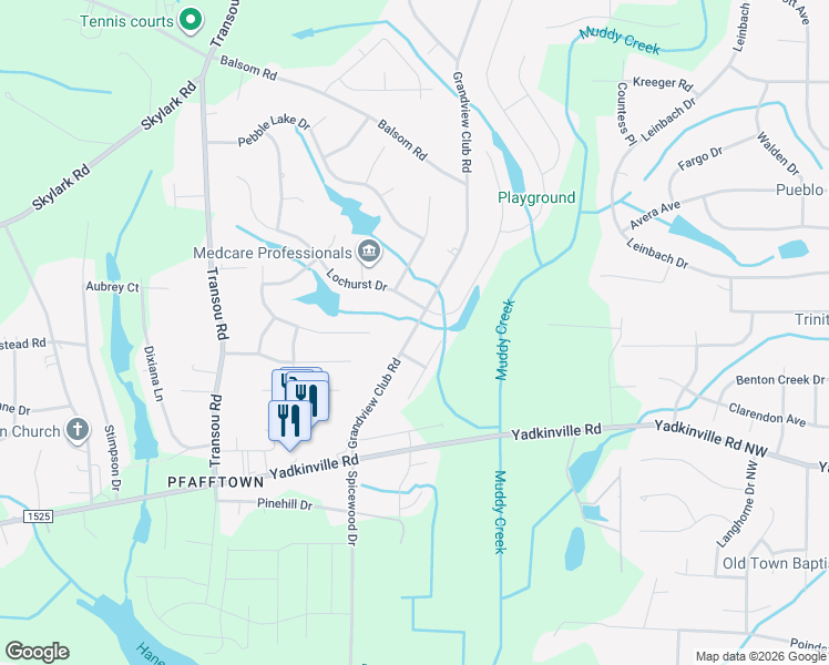 map of restaurants, bars, coffee shops, grocery stores, and more near 3284 Grandview Club Road in Pfafftown