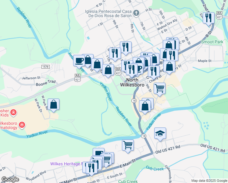 map of restaurants, bars, coffee shops, grocery stores, and more near 240 Independence Avenue in North Wilkesboro