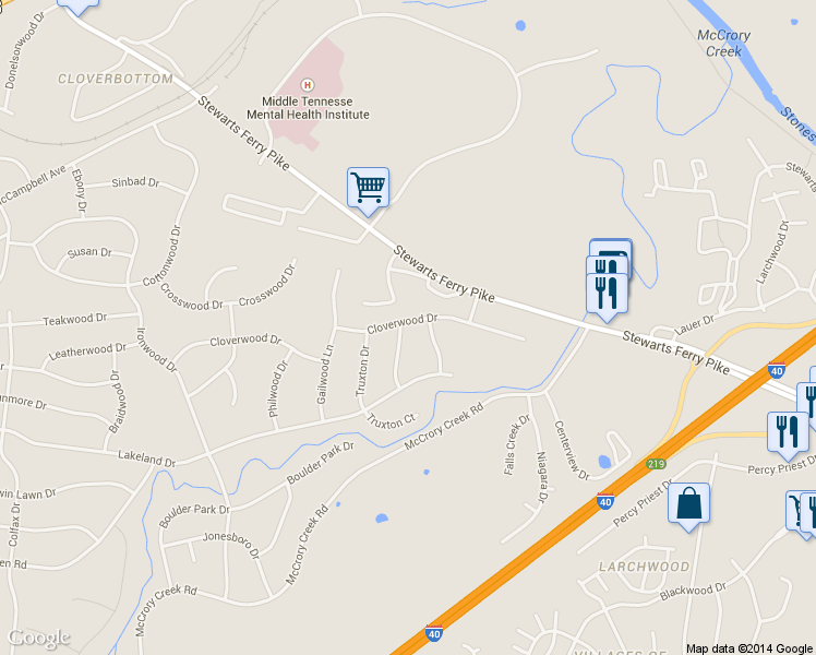 map of restaurants, bars, coffee shops, grocery stores, and more near 3209 Cloverwood Dr in Nashville