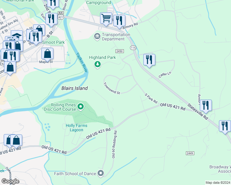 map of restaurants, bars, coffee shops, grocery stores, and more near 567 Townsend Street in North Wilkesboro