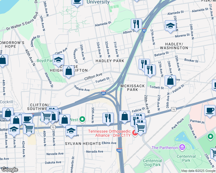 map of restaurants, bars, coffee shops, grocery stores, and more near 3017 Indiana Avenue in Nashville