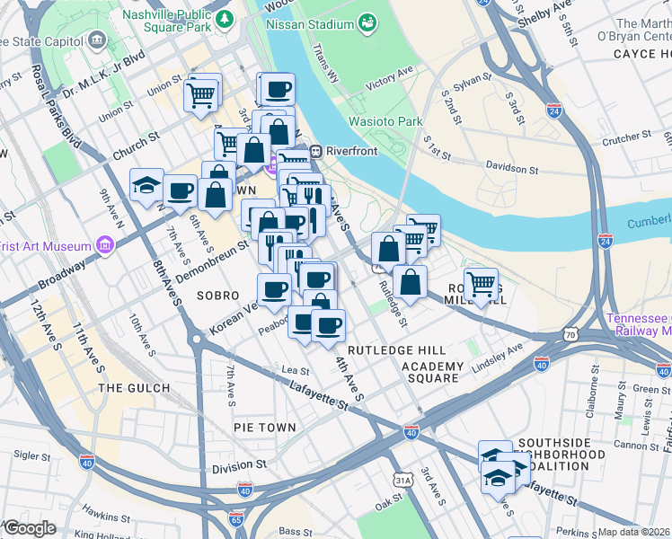 map of restaurants, bars, coffee shops, grocery stores, and more near 405 3rd Avenue South in Nashville