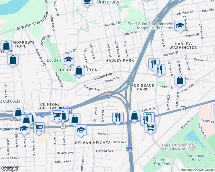 map of restaurants, bars, coffee shops, grocery stores, and more near 3036 Indiana Avenue in Nashville