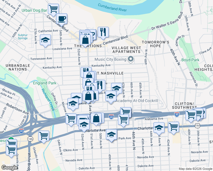 map of restaurants, bars, coffee shops, grocery stores, and more near 4907 Illinois Avenue in Nashville