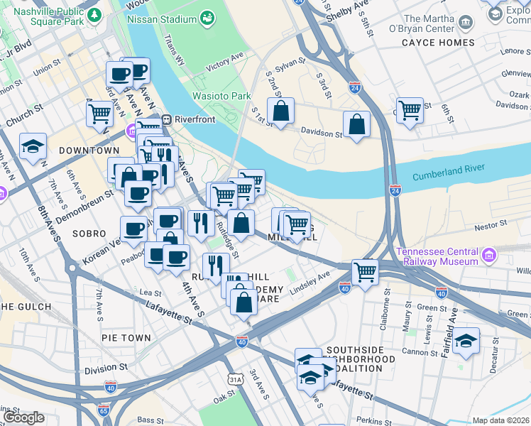 map of restaurants, bars, coffee shops, grocery stores, and more near 11 Lea Avenue in Nashville