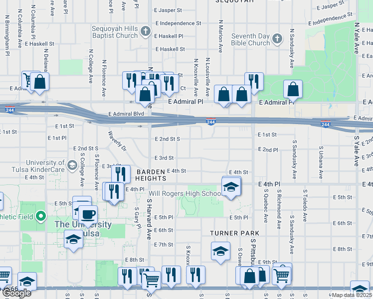 map of restaurants, bars, coffee shops, grocery stores, and more near 220 South Knoxville Avenue in Tulsa