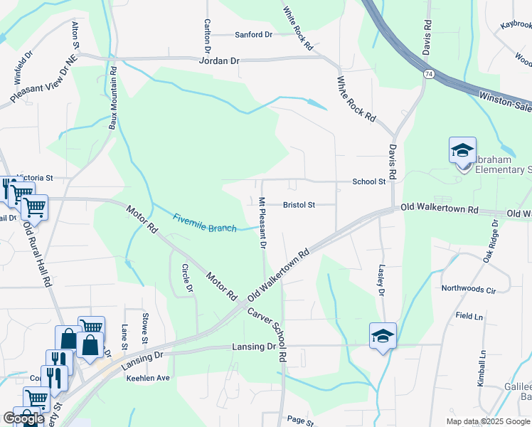 map of restaurants, bars, coffee shops, grocery stores, and more near 4799 Mount Pleasant Drive in Winston-Salem